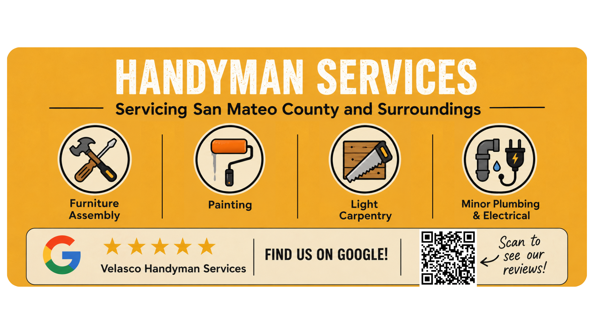 Velasco Handyman Services offering furniture assembly, painting, light carpentry, minor plumbing and electrical ,installations and more facilities maintenance services in San Mateo County and Surrounding cities. Base in Redwood City California